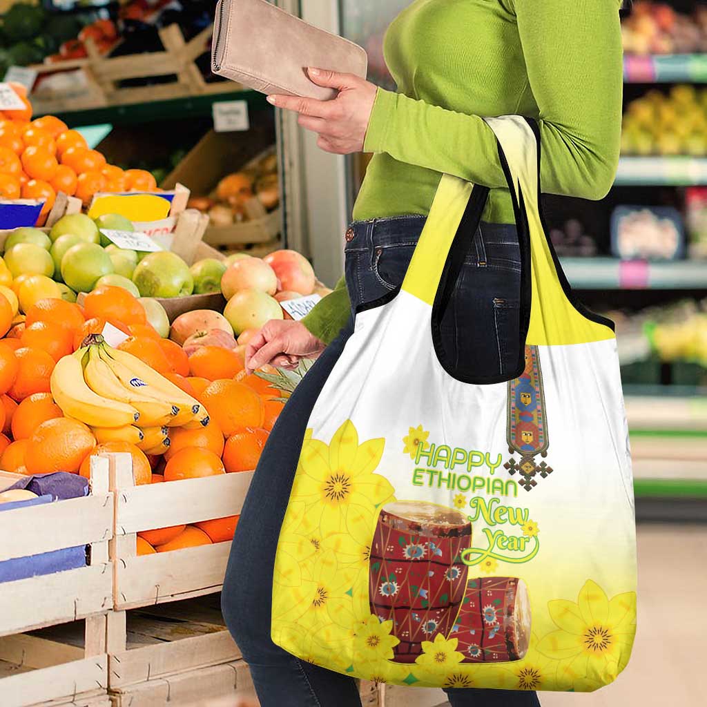 Ethiopian Enkutatash Grocery Bag Kebero Drum With Adey Abeba Flower - Wonder Print Shop