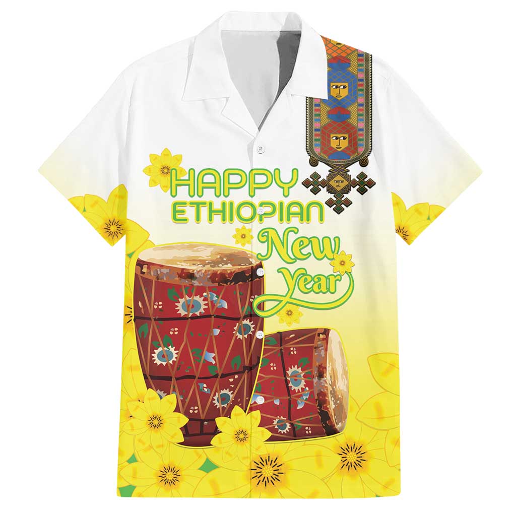 Ethiopian Enkutatash Hawaiian Shirt Kebero Drum With Adey Abeba Flower - Wonder Print Shop