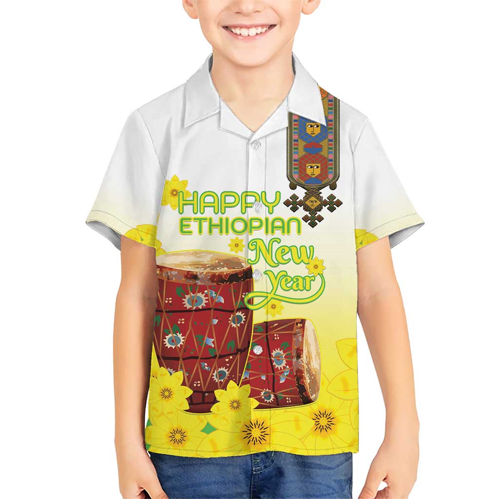 Ethiopian Enkutatash Kid Hawaiian Shirt Kebero Drum With Adey Abeba Flower - Wonder Print Shop
