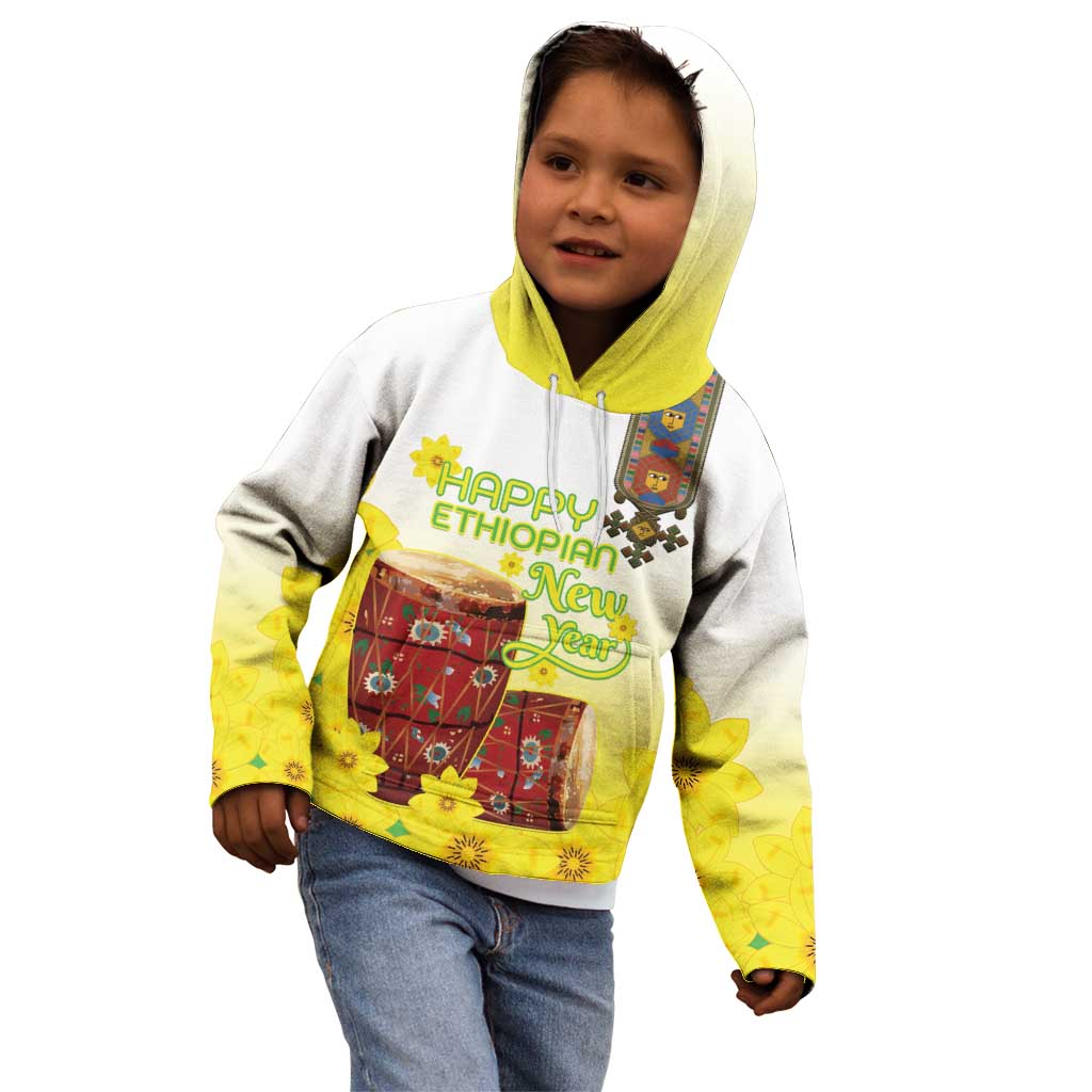 Ethiopian Enkutatash Kid Hoodie Kebero Drum With Adey Abeba Flower - Wonder Print Shop