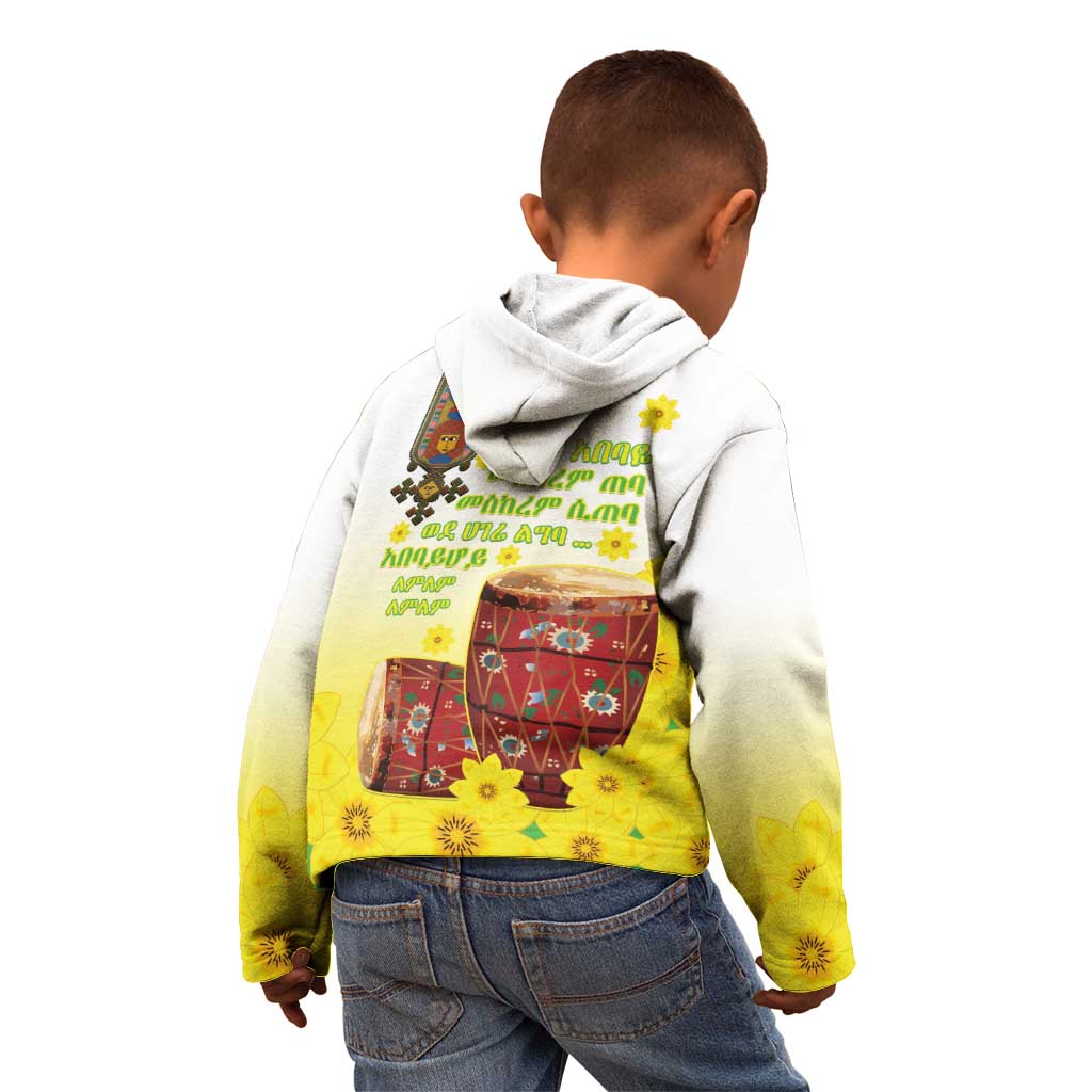 Ethiopian Enkutatash Kid Hoodie Kebero Drum With Adey Abeba Flower - Wonder Print Shop