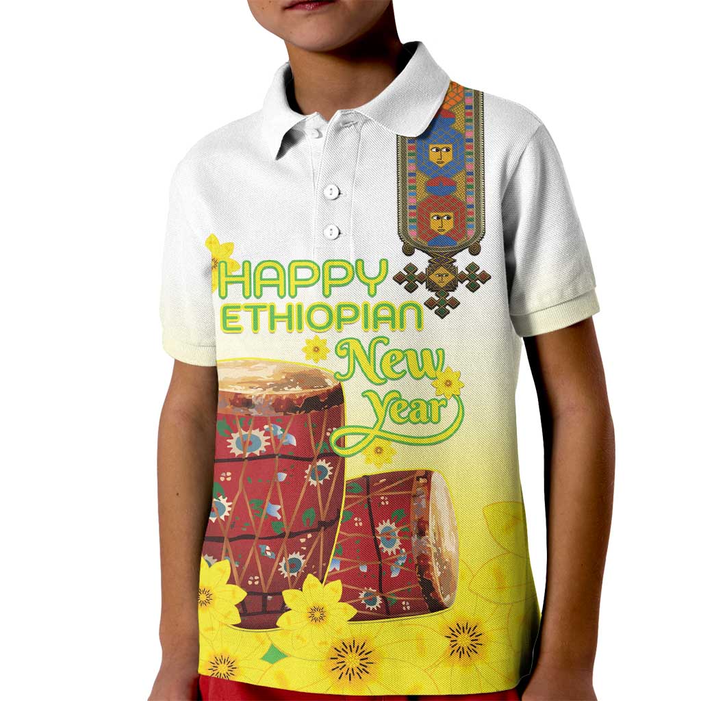 Ethiopian Enkutatash Kid Polo Shirt Kebero Drum With Adey Abeba Flower - Wonder Print Shop