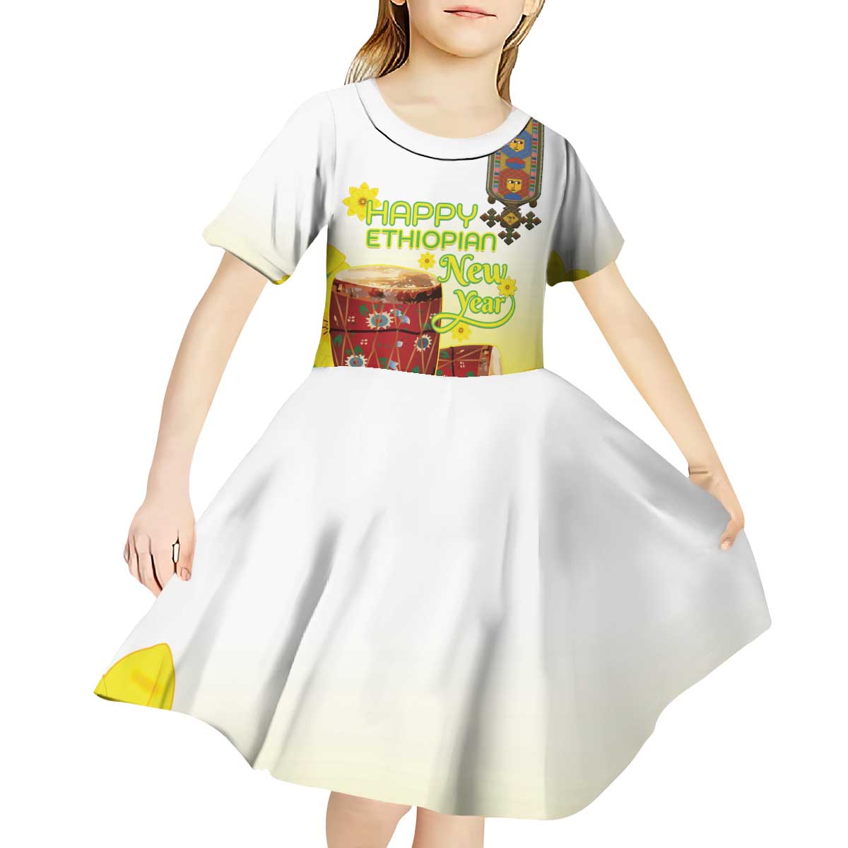 Ethiopian Enkutatash Kid Short Sleeve Dress Kebero Drum With Adey Abeba Flower - Wonder Print Shop