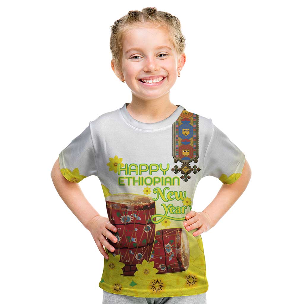 Ethiopian Enkutatash Kid T Shirt Kebero Drum With Adey Abeba Flower - Wonder Print Shop