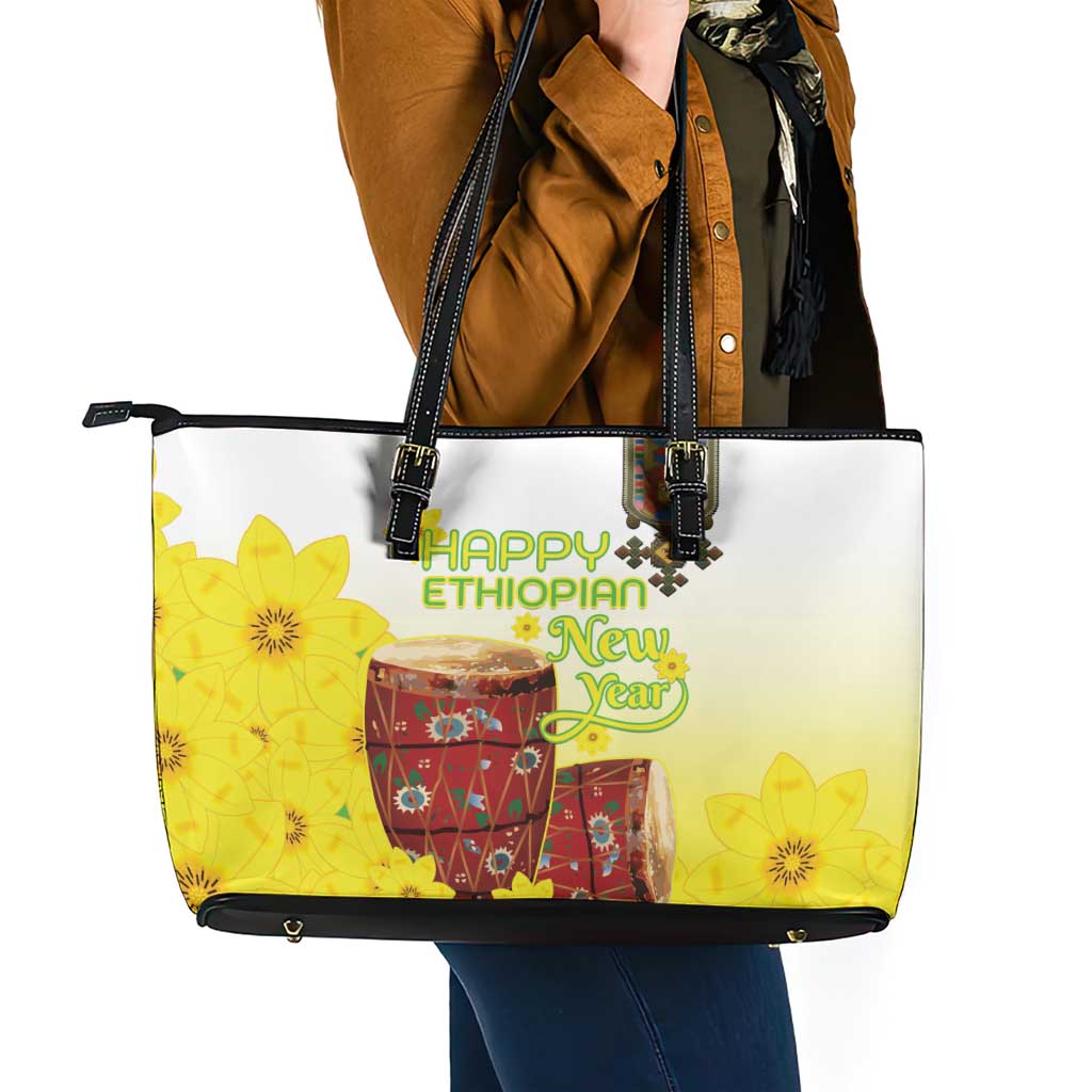 Ethiopian Enkutatash Leather Tote Bag Kebero Drum With Adey Abeba Flower - Wonder Print Shop