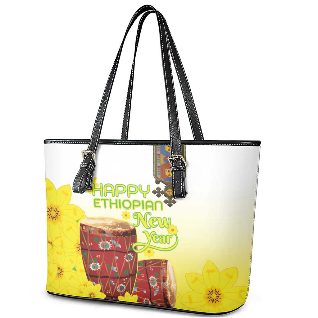 Ethiopian Enkutatash Leather Tote Bag Kebero Drum With Adey Abeba Flower - Wonder Print Shop