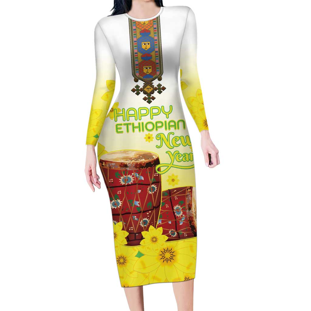 Ethiopian Enkutatash Long Sleeve Bodycon Dress Kebero Drum With Adey Abeba Flower - Wonder Print Shop
