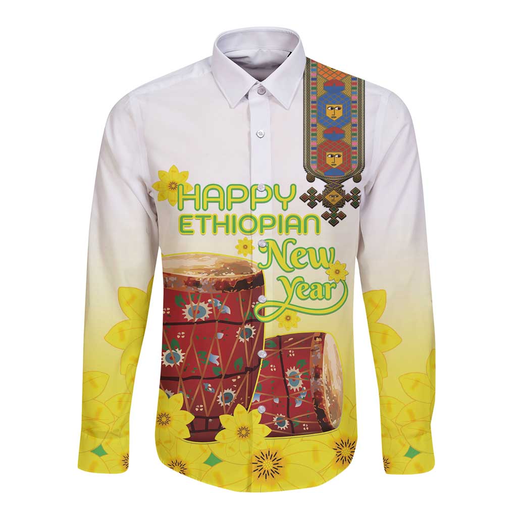 Ethiopian Enkutatash Long Sleeve Button Shirt Kebero Drum With Adey Abeba Flower - Wonder Print Shop