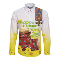 Ethiopian Enkutatash Long Sleeve Button Shirt Kebero Drum With Adey Abeba Flower - Wonder Print Shop