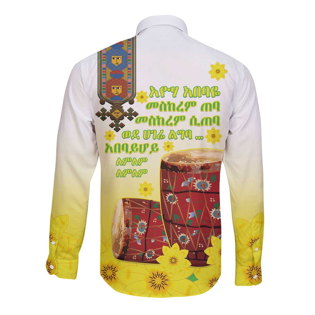 Ethiopian Enkutatash Long Sleeve Button Shirt Kebero Drum With Adey Abeba Flower - Wonder Print Shop