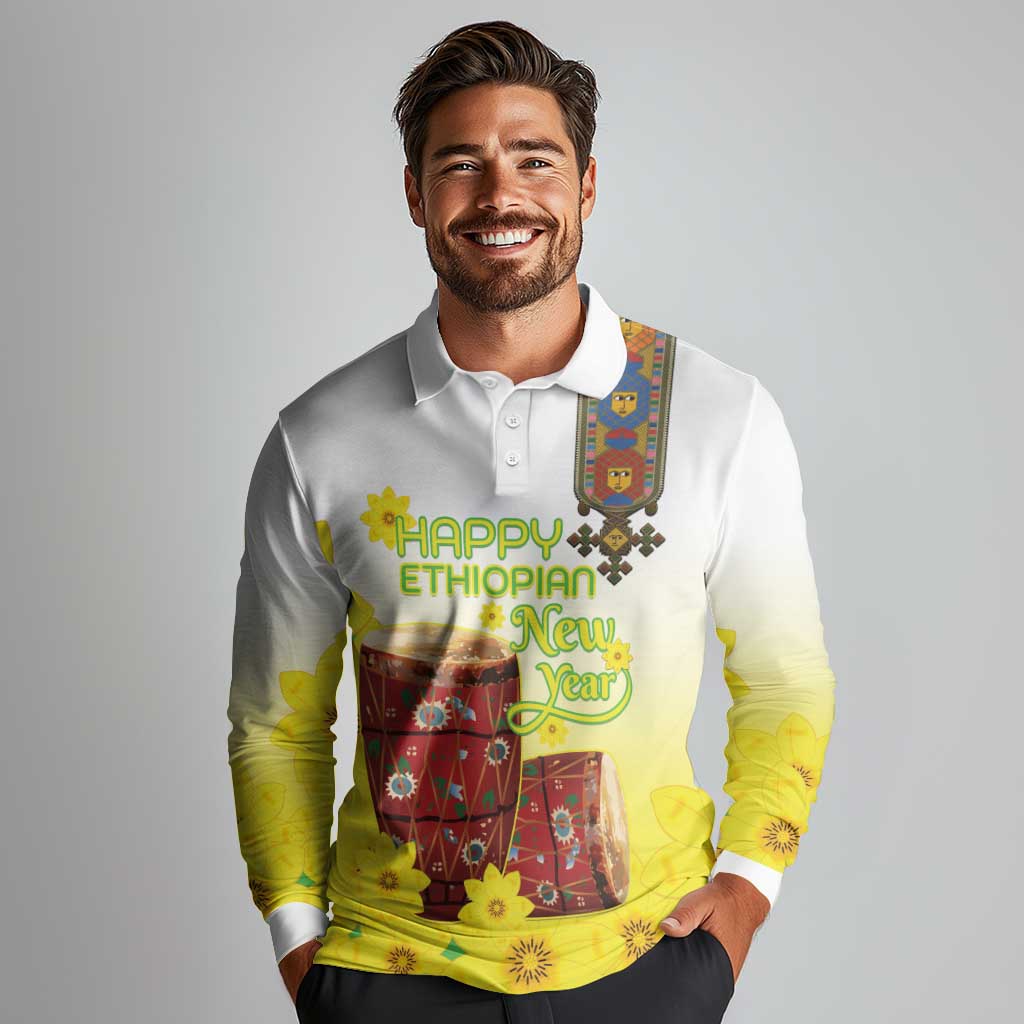 Ethiopian Enkutatash Long Sleeve Polo Shirt Kebero Drum With Adey Abeba Flower - Wonder Print Shop
