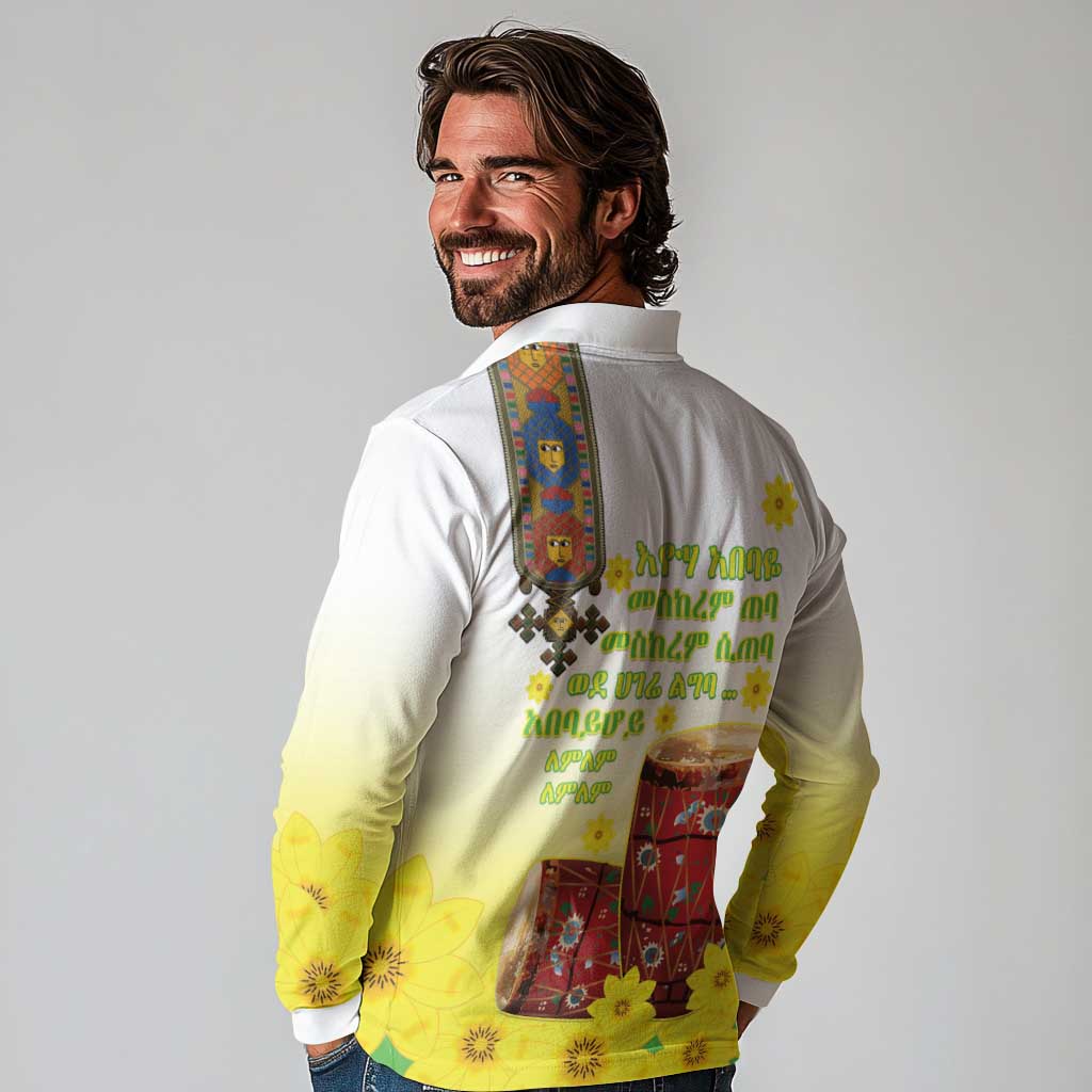 Ethiopian Enkutatash Long Sleeve Polo Shirt Kebero Drum With Adey Abeba Flower - Wonder Print Shop