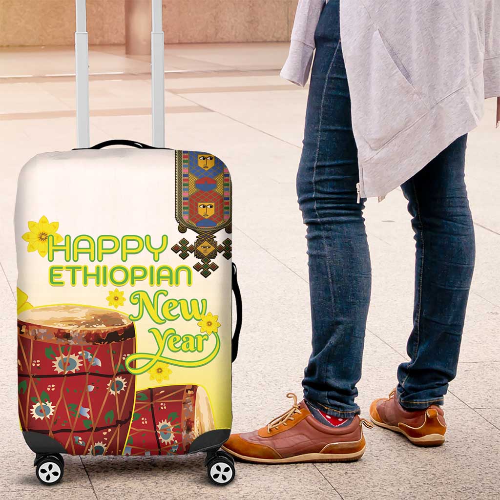 Ethiopian Enkutatash Luggage Cover Kebero Drum With Adey Abeba Flower - Wonder Print Shop