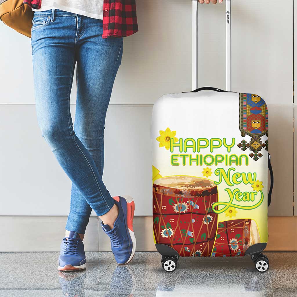 Ethiopian Enkutatash Luggage Cover Kebero Drum With Adey Abeba Flower - Wonder Print Shop