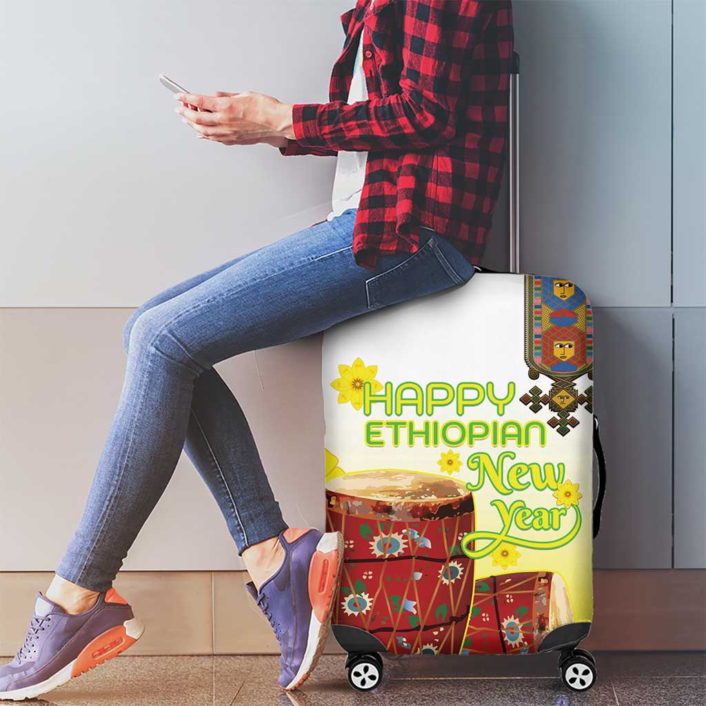 Ethiopian Enkutatash Luggage Cover Kebero Drum With Adey Abeba Flower - Wonder Print Shop