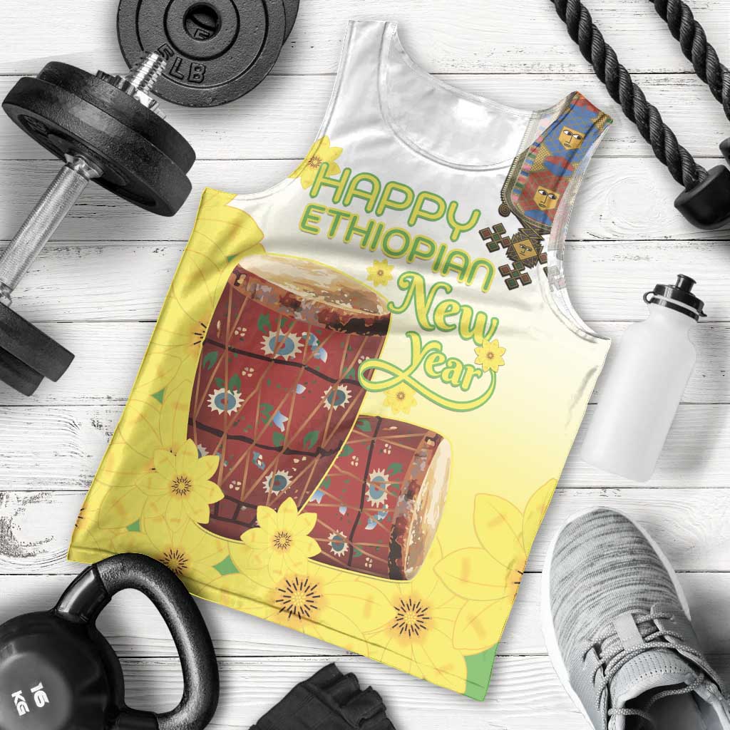 Ethiopian Enkutatash Men Tank Top Kebero Drum With Adey Abeba Flower - Wonder Print Shop
