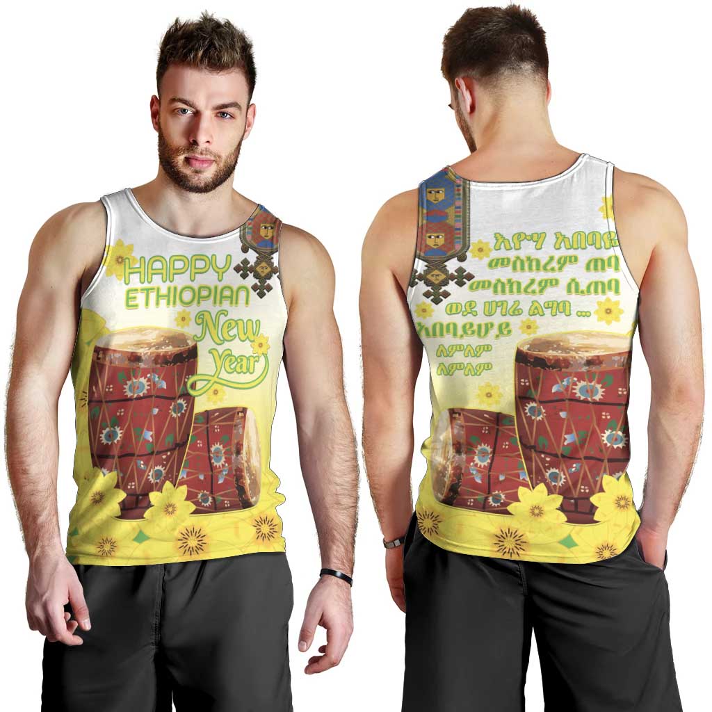 Ethiopian Enkutatash Men Tank Top Kebero Drum With Adey Abeba Flower - Wonder Print Shop