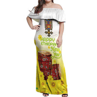 Ethiopian Enkutatash Off Shoulder Maxi Dress Kebero Drum With Adey Abeba Flower - Wonder Print Shop