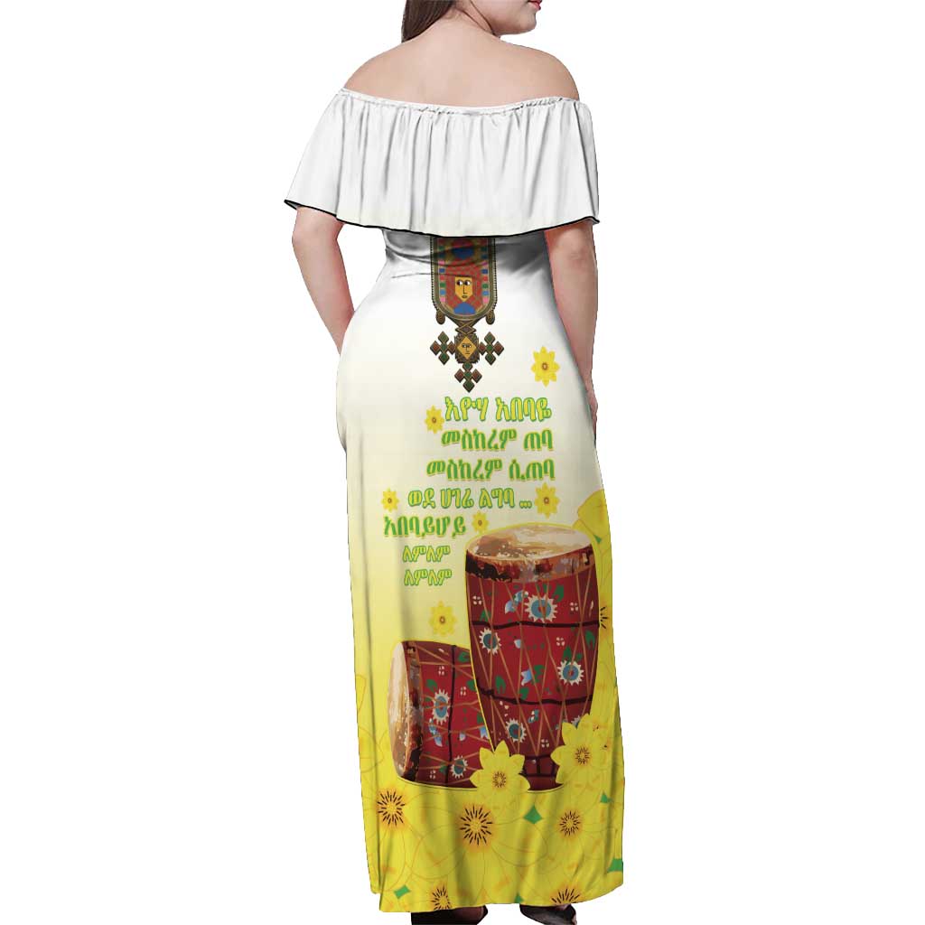 Ethiopian Enkutatash Off Shoulder Maxi Dress Kebero Drum With Adey Abeba Flower - Wonder Print Shop