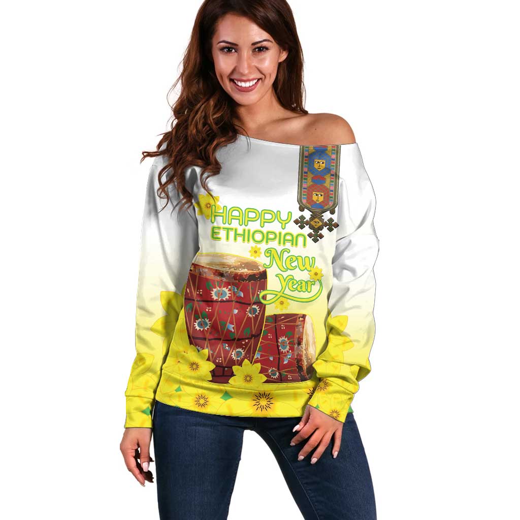 Ethiopian Enkutatash Off Shoulder Sweater Kebero Drum With Adey Abeba Flower - Wonder Print Shop