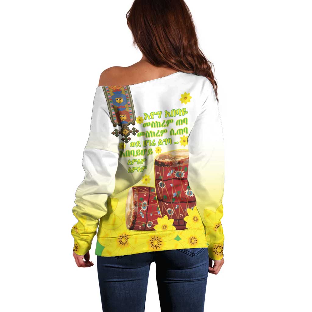 Ethiopian Enkutatash Off Shoulder Sweater Kebero Drum With Adey Abeba Flower - Wonder Print Shop