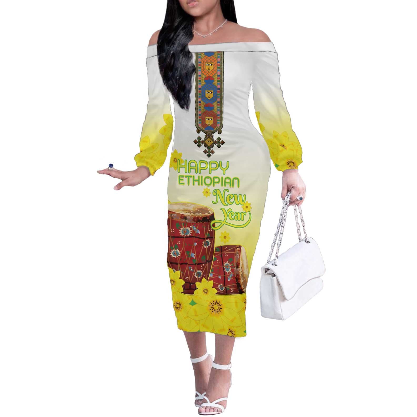 Ethiopian Enkutatash Off The Shoulder Long Sleeve Dress Kebero Drum With Adey Abeba Flower - Wonder Print Shop
