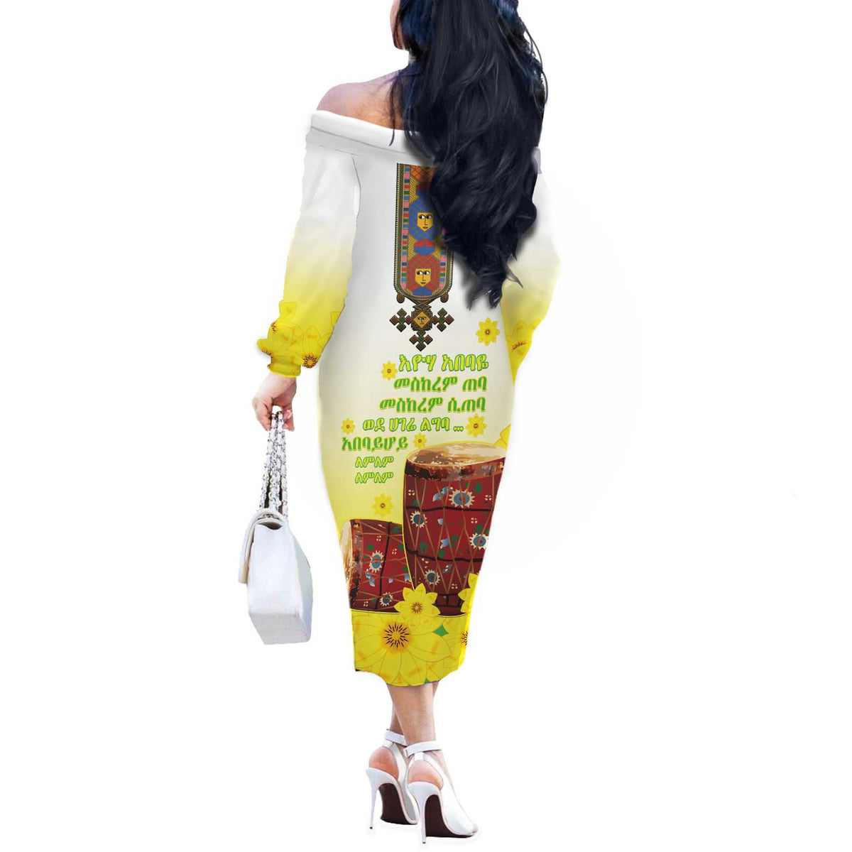 Ethiopian Enkutatash Off The Shoulder Long Sleeve Dress Kebero Drum With Adey Abeba Flower - Wonder Print Shop
