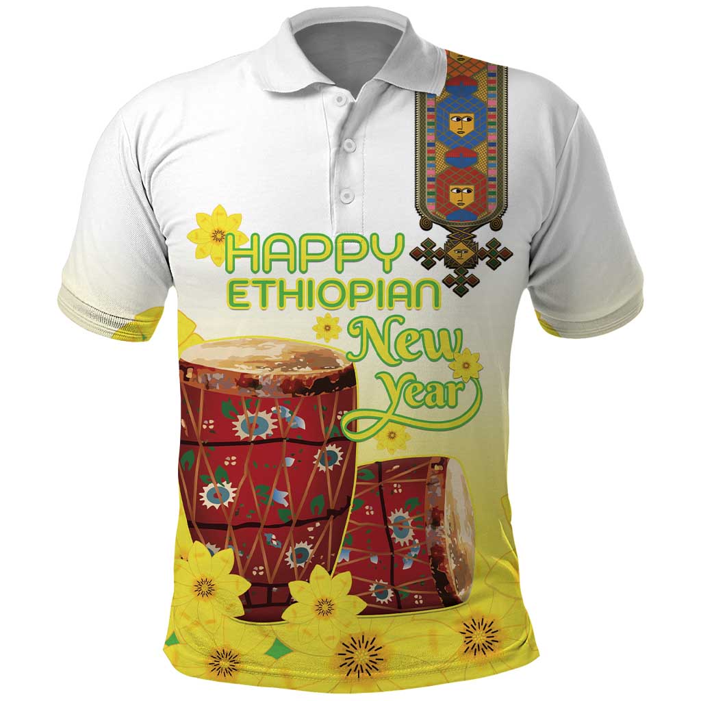 Ethiopian Enkutatash Polo Shirt Kebero Drum With Adey Abeba Flower - Wonder Print Shop