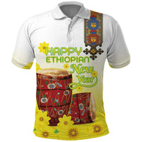 Ethiopian Enkutatash Polo Shirt Kebero Drum With Adey Abeba Flower - Wonder Print Shop