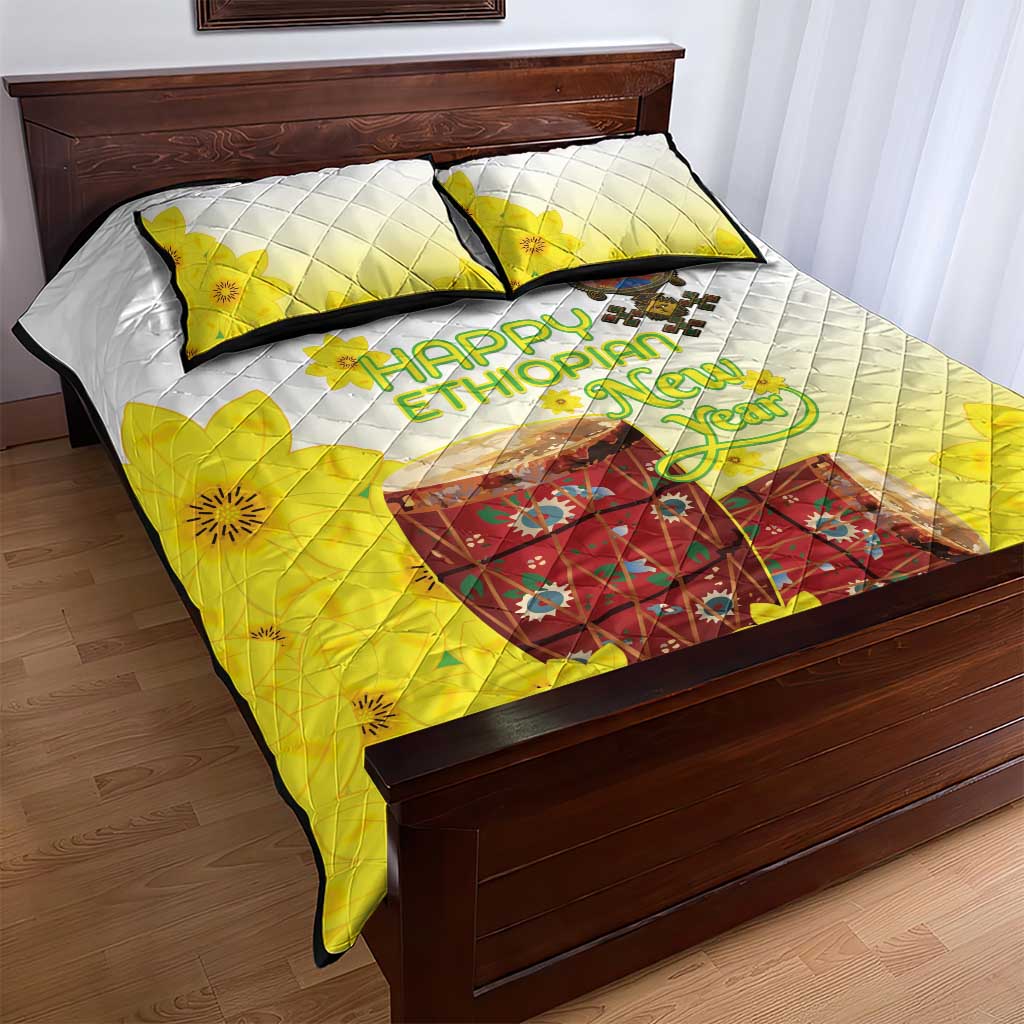Ethiopian Enkutatash Quilt Bed Set Kebero Drum With Adey Abeba Flower - Wonder Print Shop
