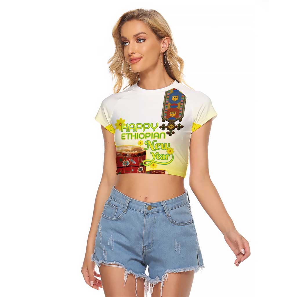 Ethiopian Enkutatash Raglan Cropped T Shirt Kebero Drum With Adey Abeba Flower - Wonder Print Shop