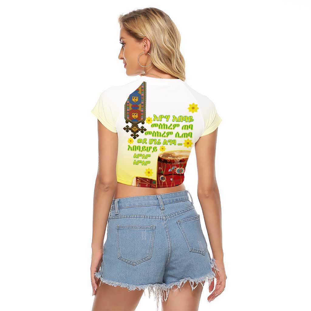 Ethiopian Enkutatash Raglan Cropped T Shirt Kebero Drum With Adey Abeba Flower - Wonder Print Shop