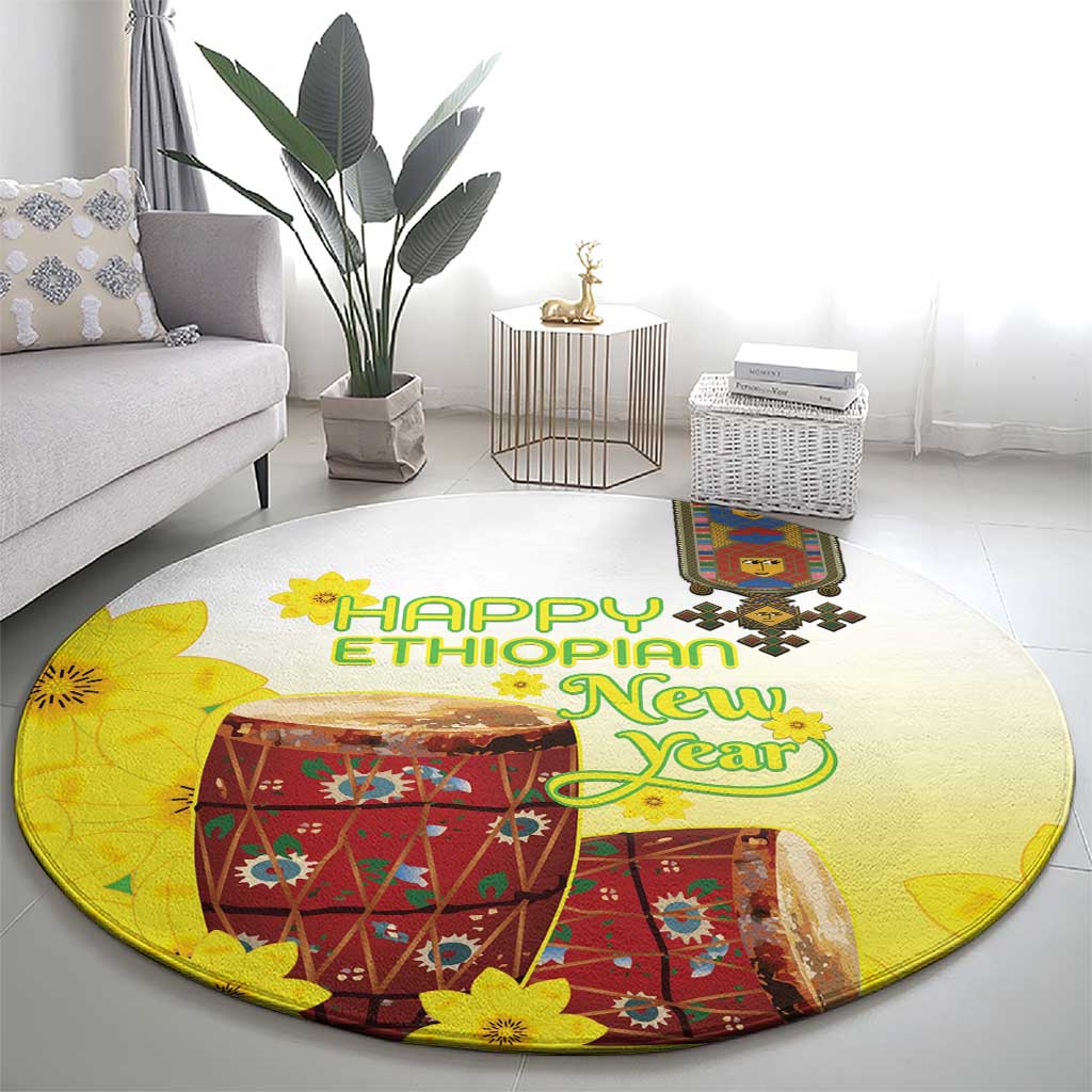 Ethiopian Enkutatash Round Carpet Kebero Drum With Adey Abeba Flower - Wonder Print Shop