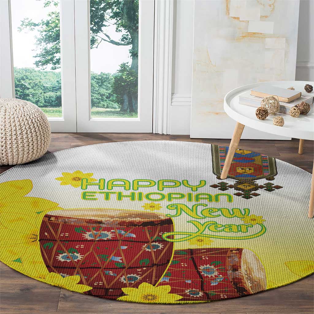 Ethiopian Enkutatash Round Carpet Kebero Drum With Adey Abeba Flower - Wonder Print Shop