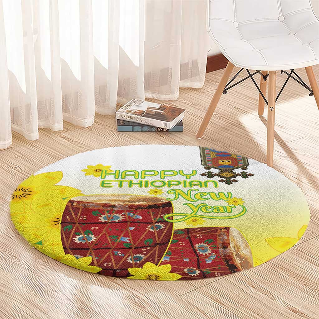 Ethiopian Enkutatash Round Carpet Kebero Drum With Adey Abeba Flower - Wonder Print Shop
