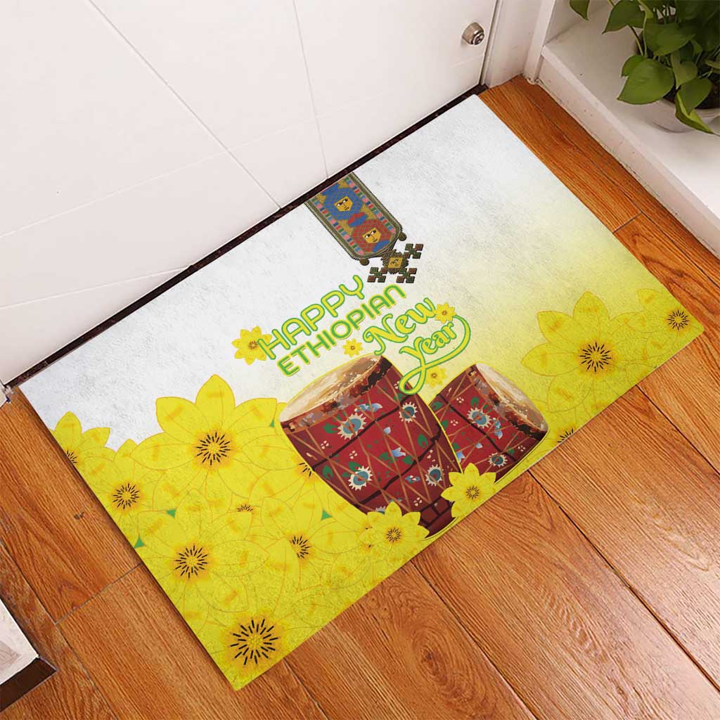 Ethiopian Enkutatash Rubber Doormat Kebero Drum With Adey Abeba Flower - Wonder Print Shop