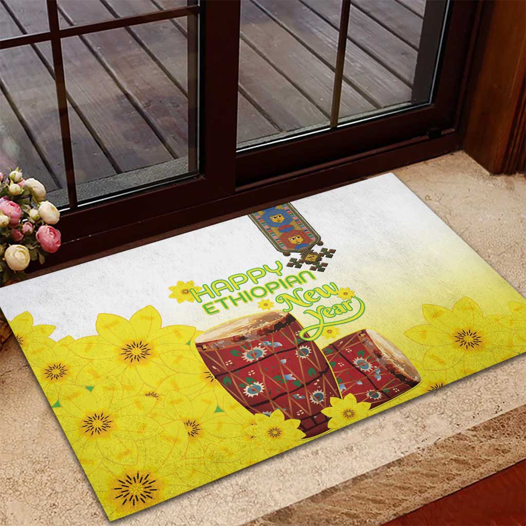 Ethiopian Enkutatash Rubber Doormat Kebero Drum With Adey Abeba Flower - Wonder Print Shop