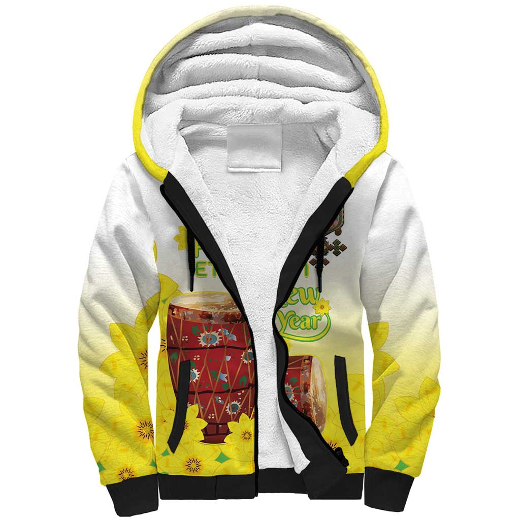 Ethiopian Enkutatash Sherpa Hoodie Kebero Drum With Adey Abeba Flower - Wonder Print Shop