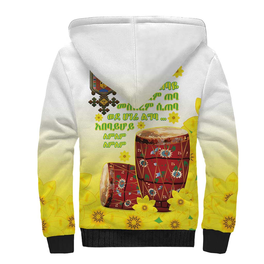 Ethiopian Enkutatash Sherpa Hoodie Kebero Drum With Adey Abeba Flower - Wonder Print Shop