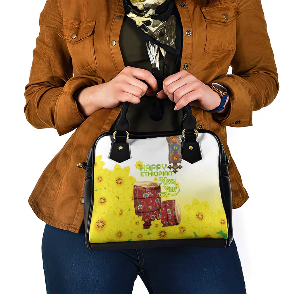 Ethiopian Enkutatash Shoulder Handbag Kebero Drum With Adey Abeba Flower - Wonder Print Shop