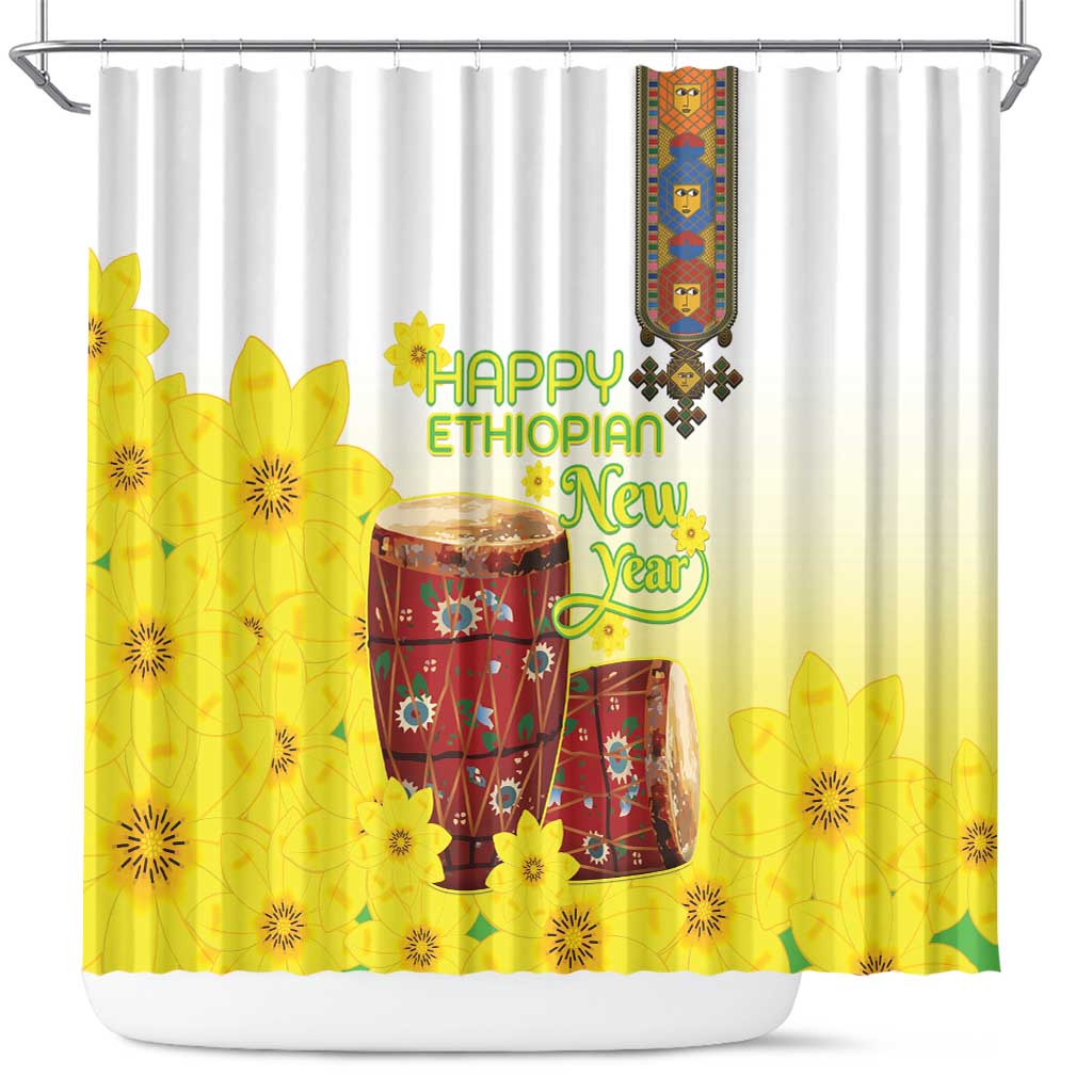 Ethiopian Enkutatash Shower Curtain Kebero Drum With Adey Abeba Flower - Wonder Print Shop