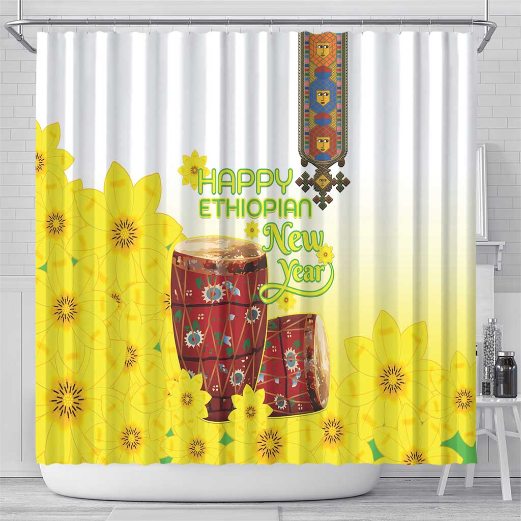 Ethiopian Enkutatash Shower Curtain Kebero Drum With Adey Abeba Flower - Wonder Print Shop