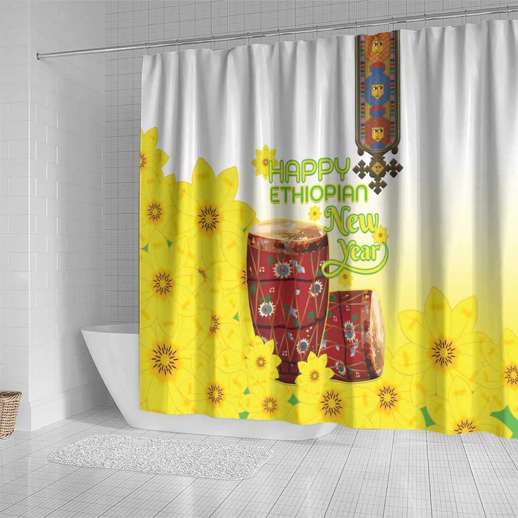 Ethiopian Enkutatash Shower Curtain Kebero Drum With Adey Abeba Flower - Wonder Print Shop