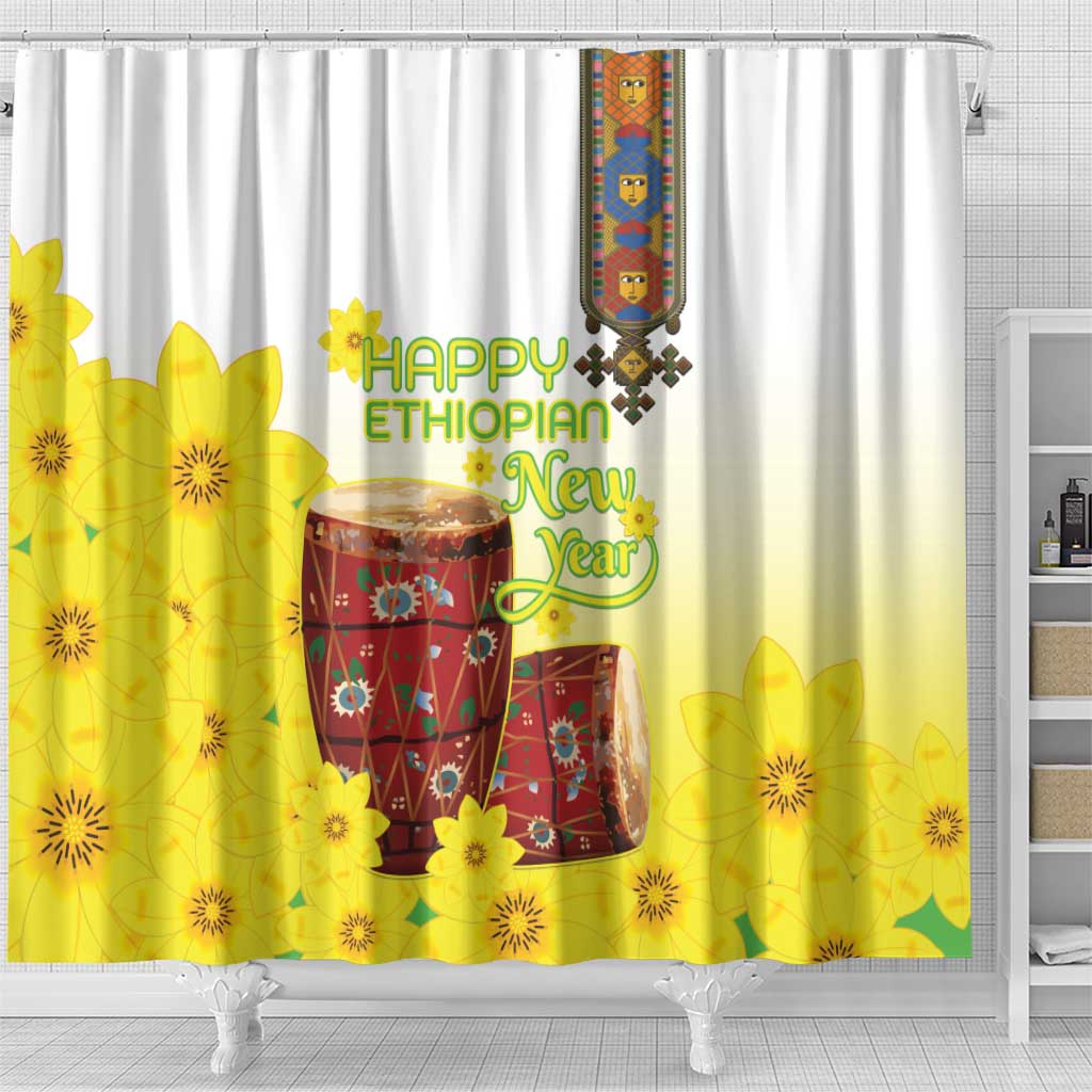 Ethiopian Enkutatash Shower Curtain Kebero Drum With Adey Abeba Flower - Wonder Print Shop