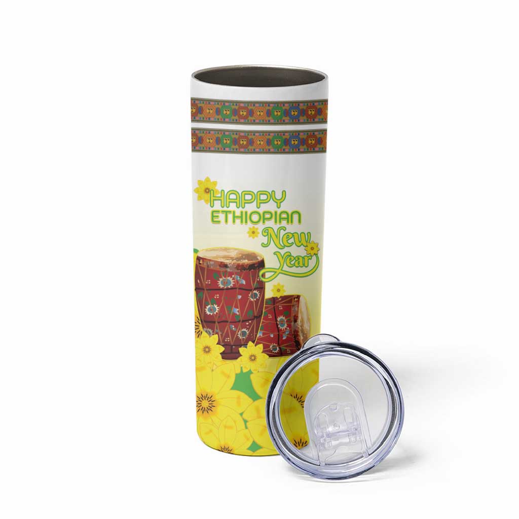 Ethiopian Enkutatash Skinny Tumbler Kebero Drum With Adey Abeba Flower - Wonder Print Shop