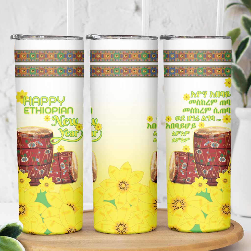 Ethiopian Enkutatash Skinny Tumbler Kebero Drum With Adey Abeba Flower - Wonder Print Shop