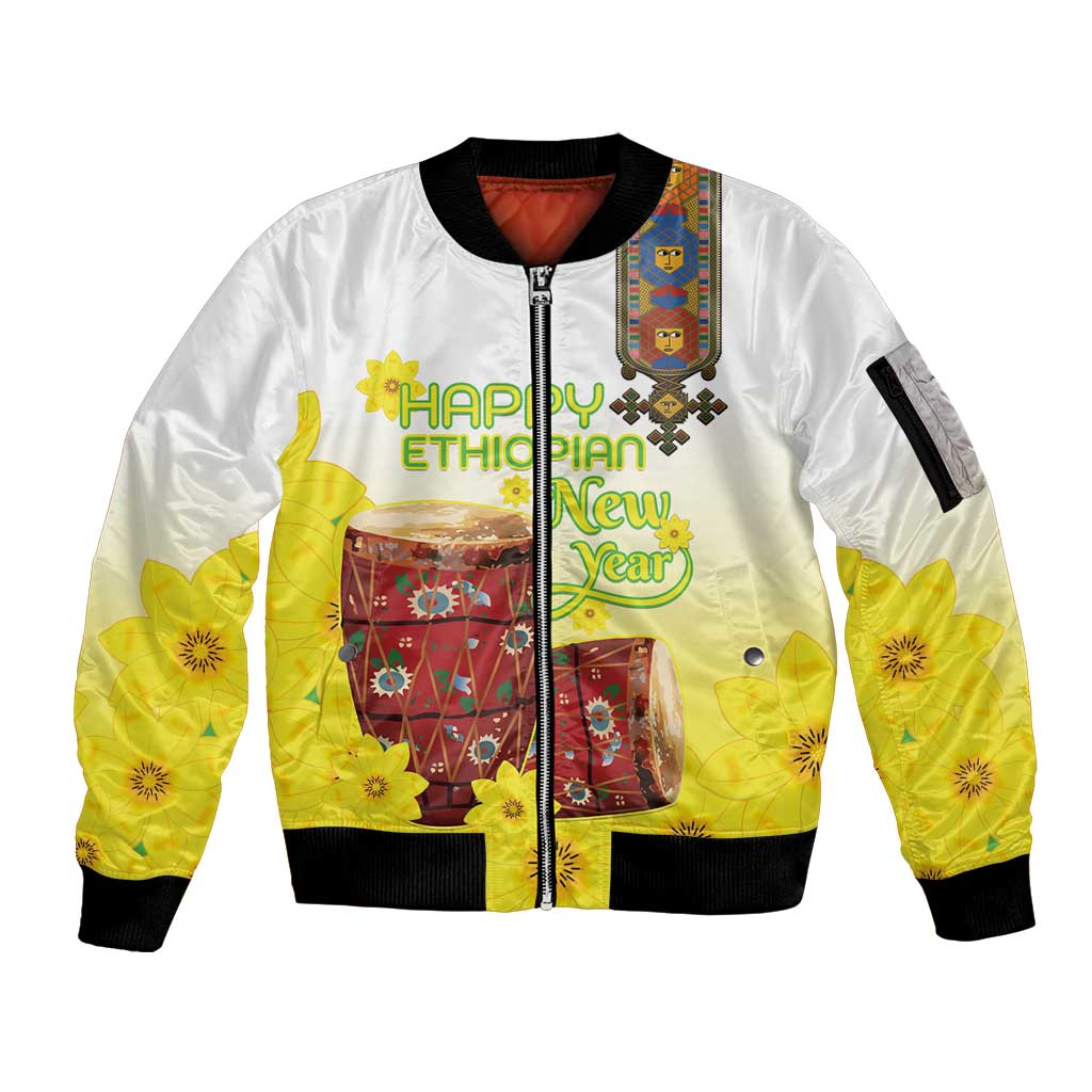 Ethiopian Enkutatash Sleeve Zip Bomber Jacket Kebero Drum With Adey Abeba Flower - Wonder Print Shop