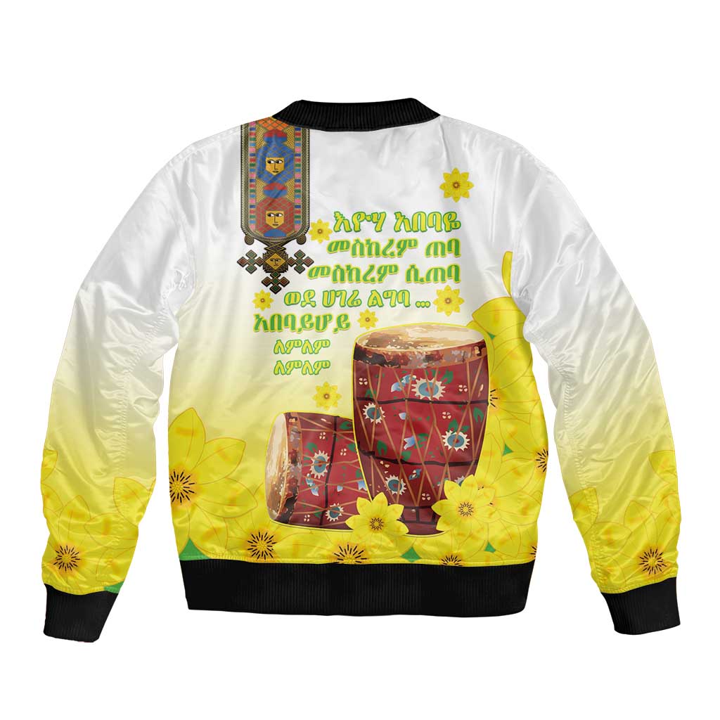 Ethiopian Enkutatash Sleeve Zip Bomber Jacket Kebero Drum With Adey Abeba Flower - Wonder Print Shop