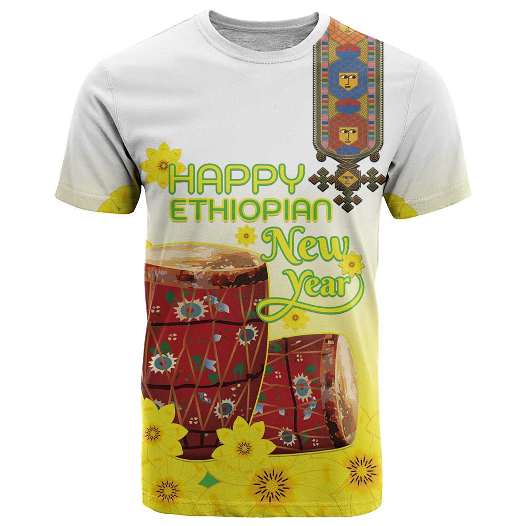 Ethiopian Enkutatash T Shirt Kebero Drum With Adey Abeba Flower - Wonder Print Shop