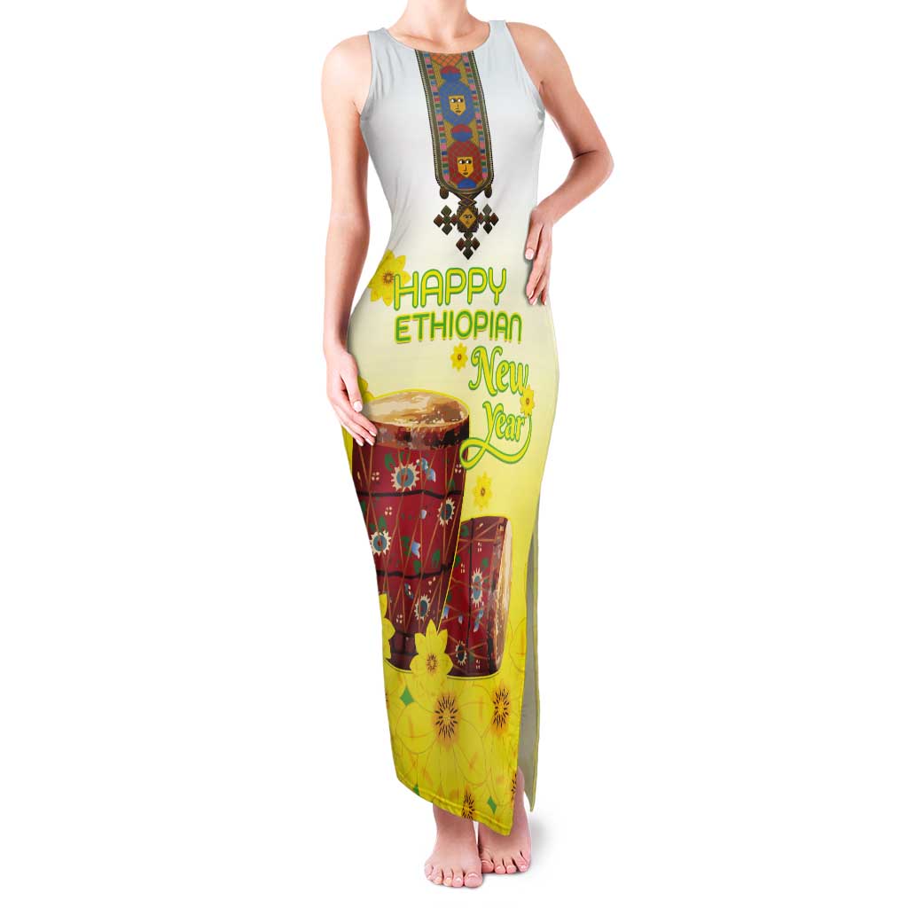 Ethiopian Enkutatash Tank Maxi Dress Kebero Drum With Adey Abeba Flower - Wonder Print Shop